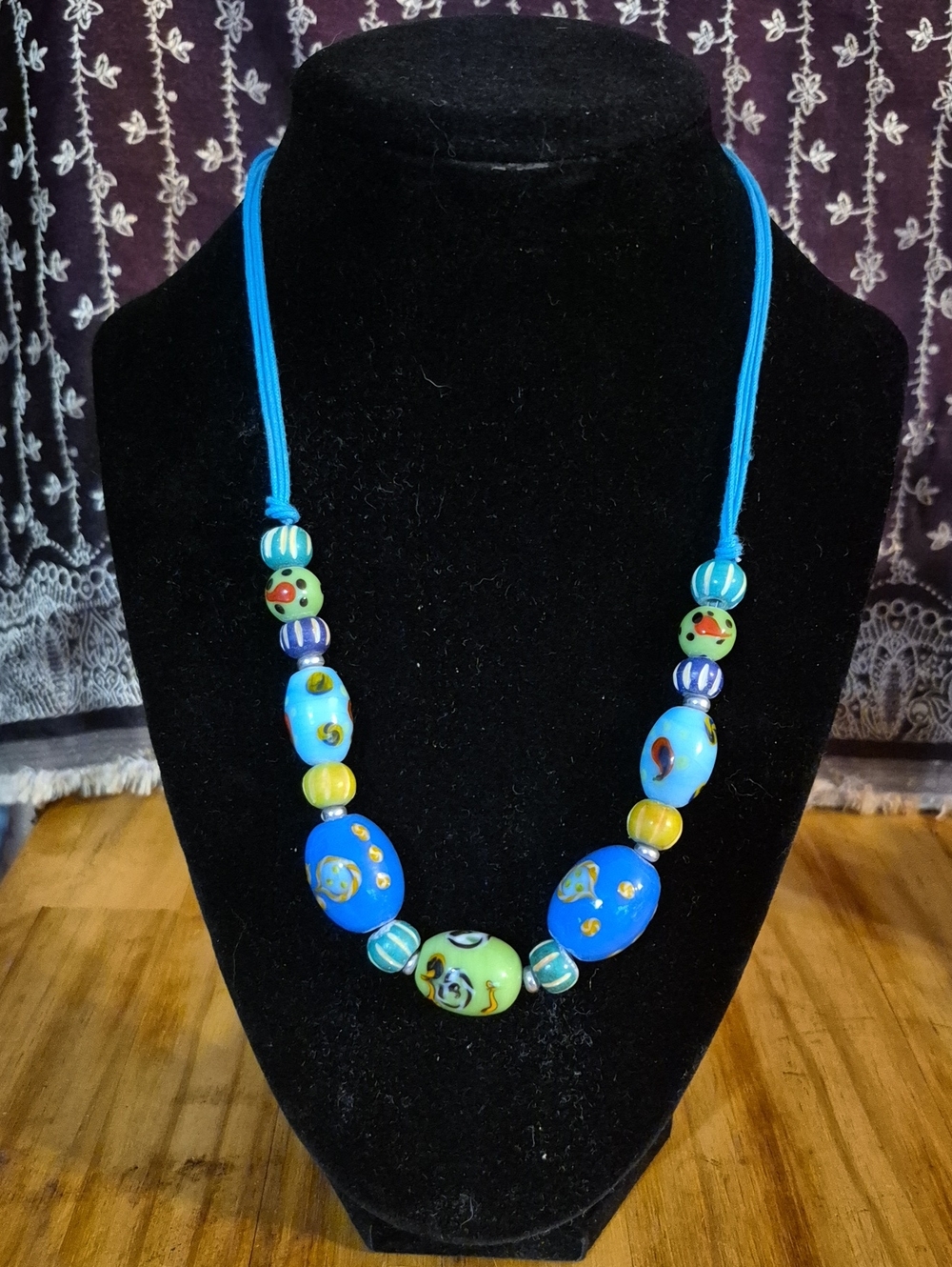 Handmade Blue and Green Glass Bead Necklace